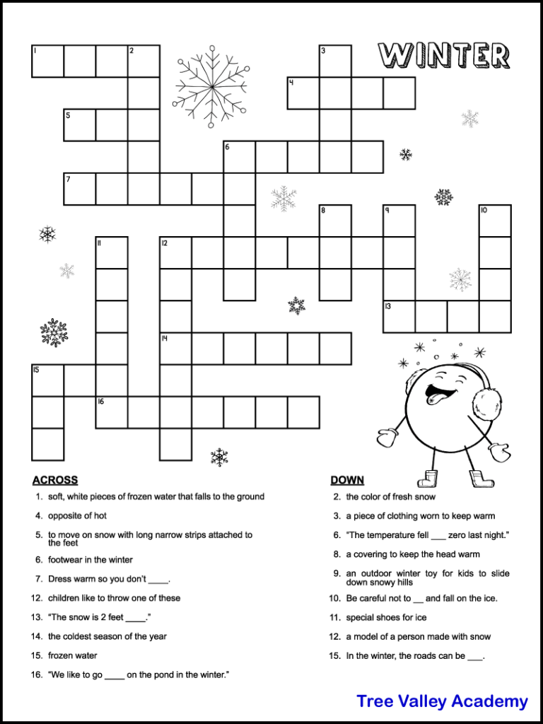 printable winter crossword puzzles for kids - tree valley academy
